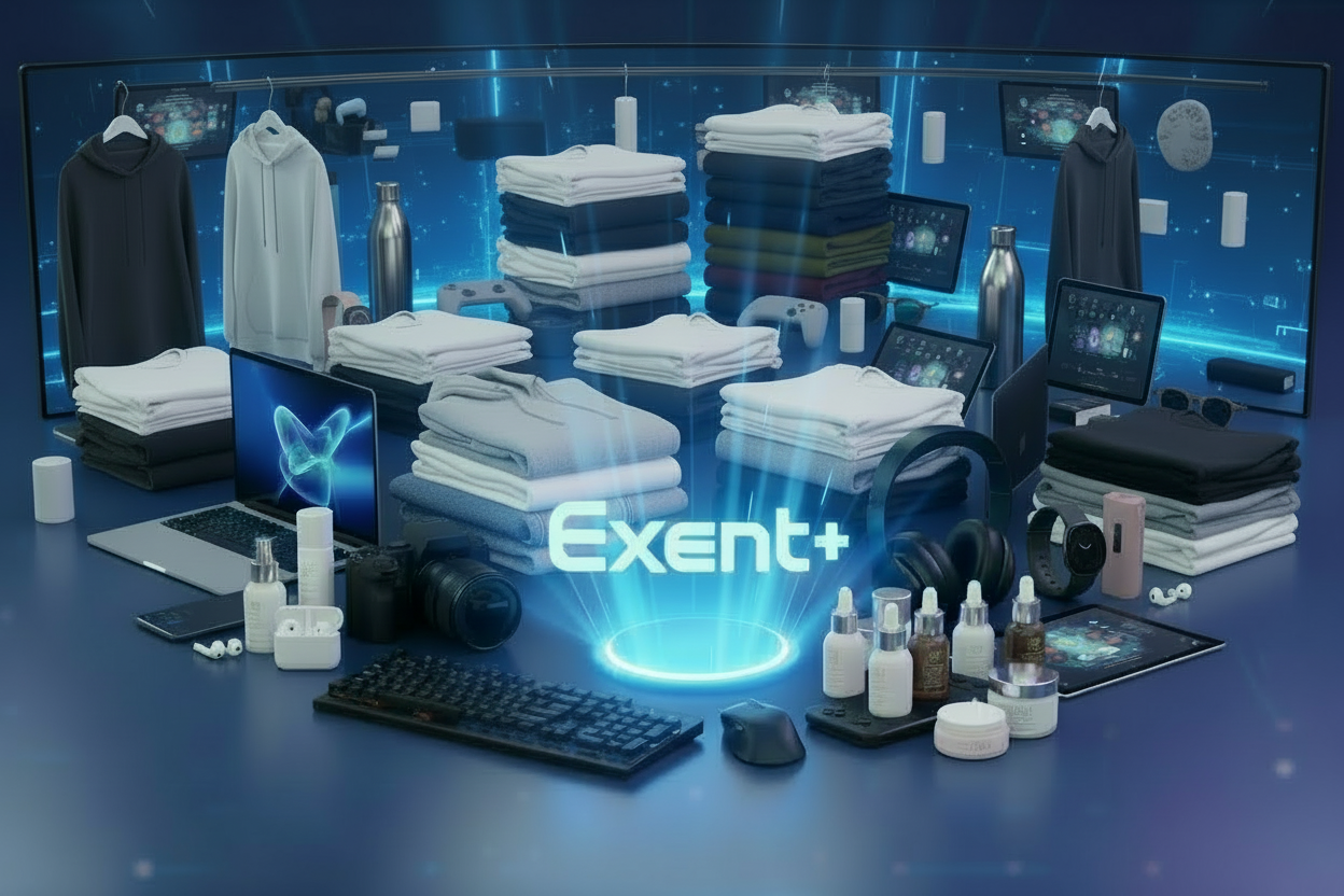 Make an image full of lot of different electronic product and on the middle says Exent+withe extra stuffs around that are not electronic 